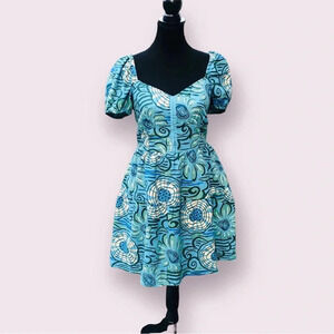 House of Harlow Babydoll Mini Dress Size Small Blue Linen Retro Puff Sleeve NWOT